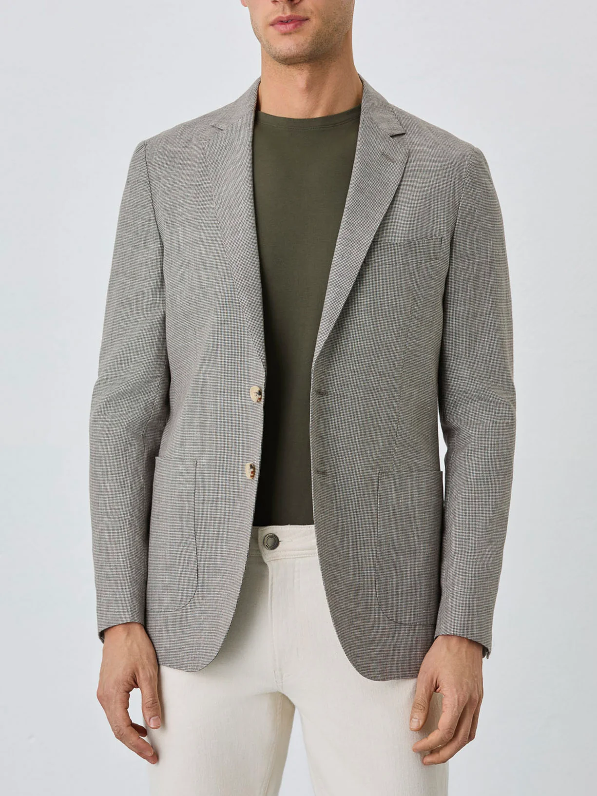 Blazer Com Bolsos De Chapa Half-Canvas Em Micro Houndstooth De Linho
