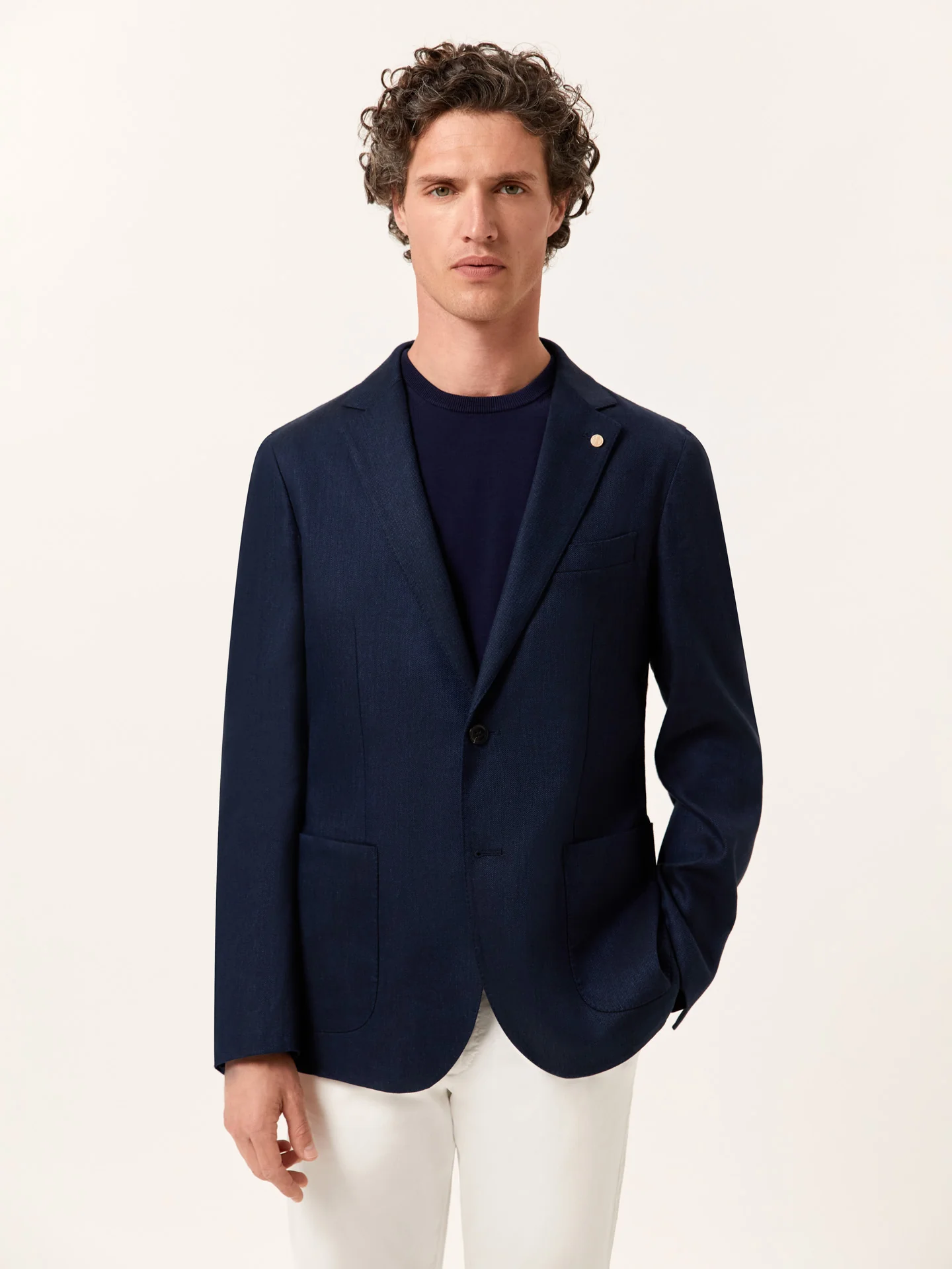 Blazer desestruturado em sarja de linho e algodão azul-escuro - Image 2