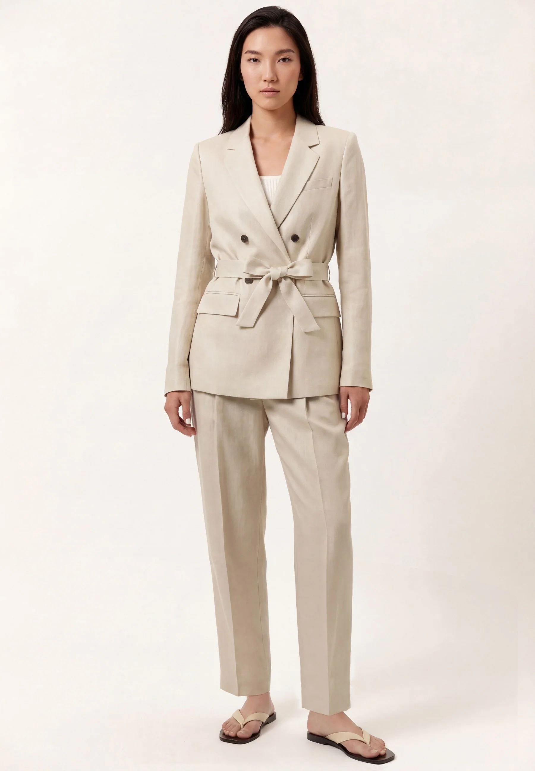 Blazer Regular Fit Com Cinto Em Mistura De Viscose E Linho - Image 4