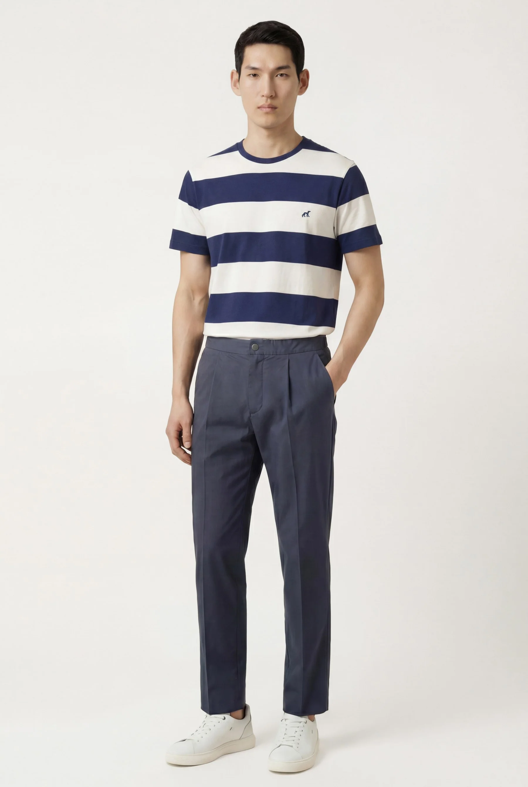 Calças casuais plissadas, linha travel, slim fit