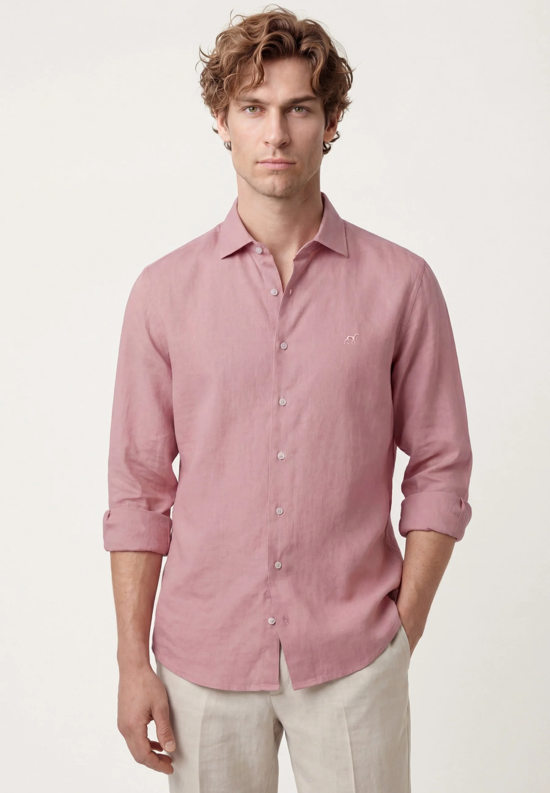 Camisa em algodão e linho, garment dyed, colarinho aberto, slim fit - Image 26