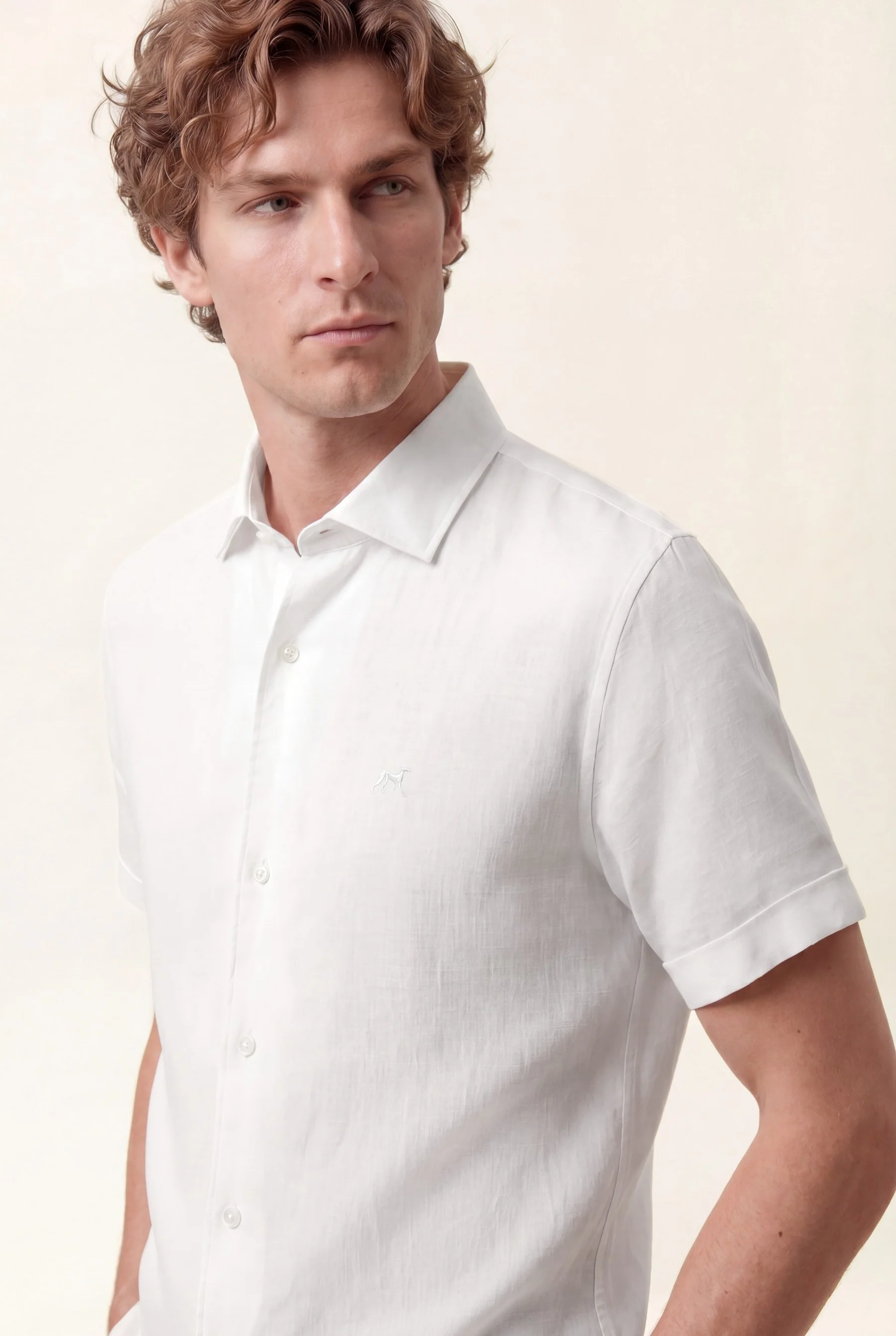 Camisa em puro linho manga curta com colarinho aberto, slim fit - Image 2
