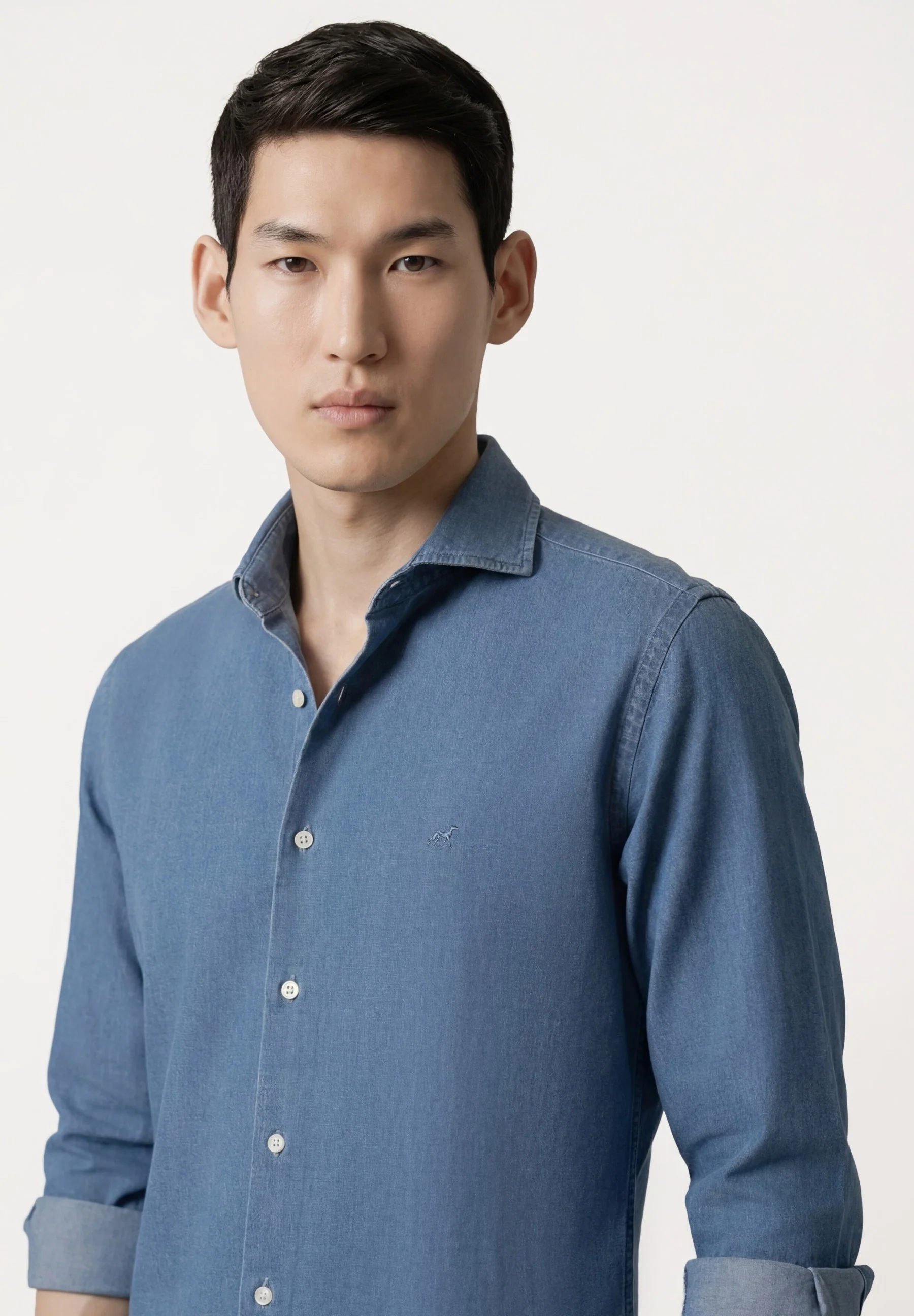 Camisa Jacquard Denim com colarinho aberto, slim fit - Image 5