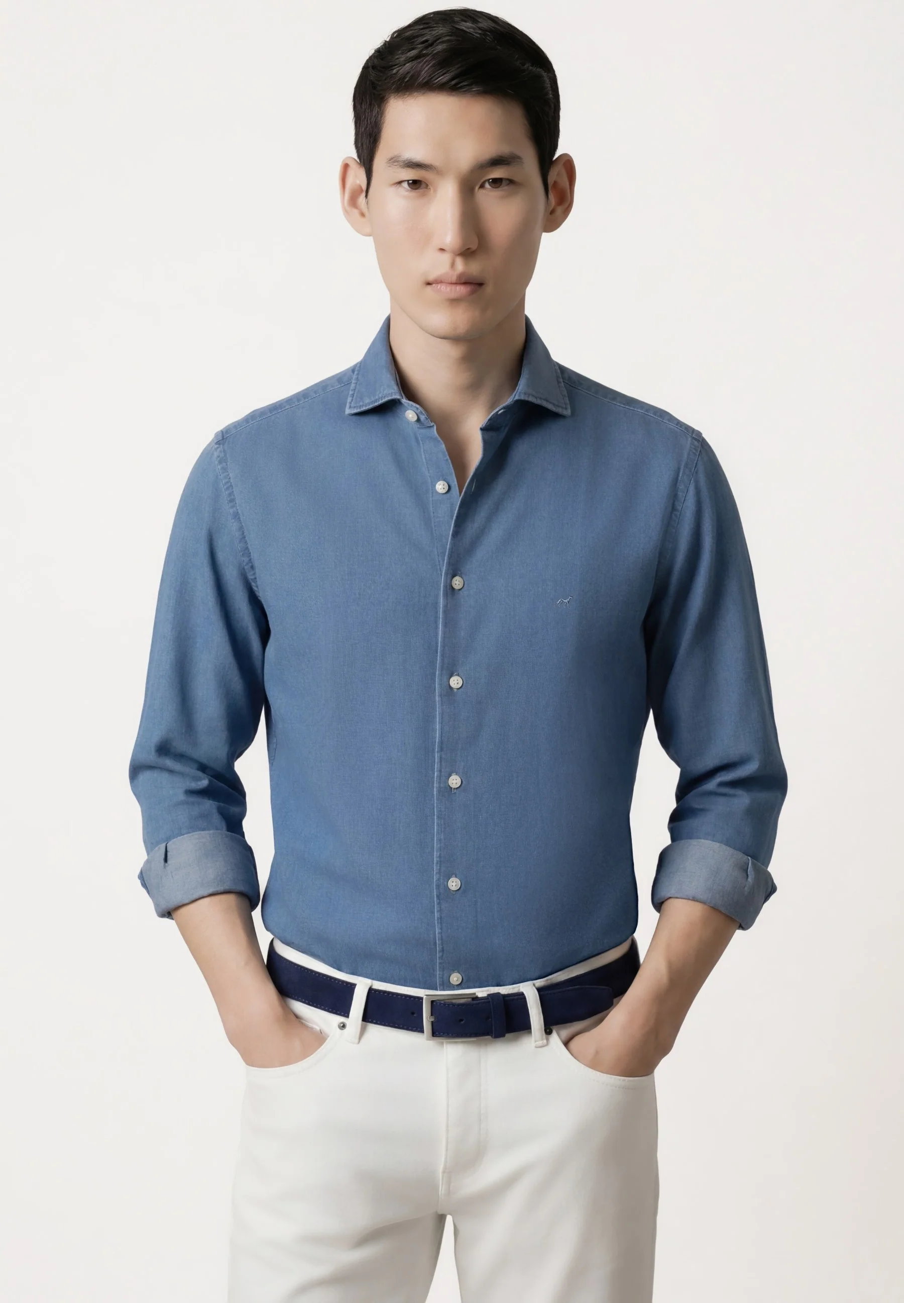 Camisa Jacquard Denim com colarinho aberto, slim fit - Image 6