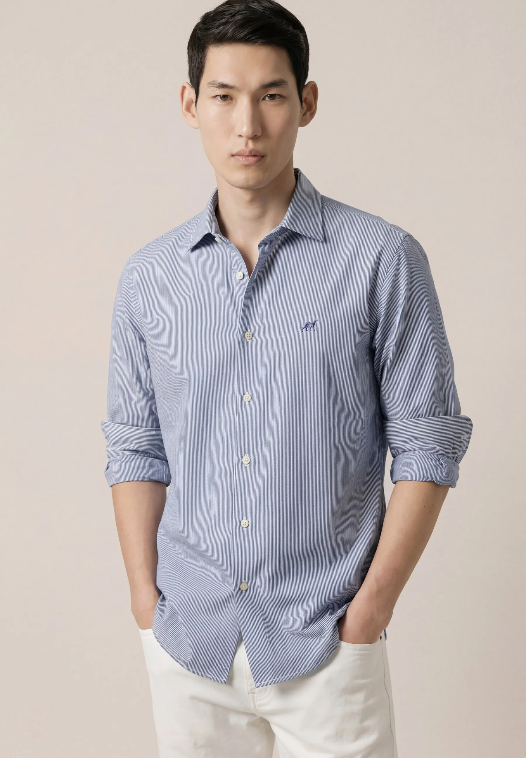 Camisa Oxford às riscas com colarinho aberto, regular fit - Image 2