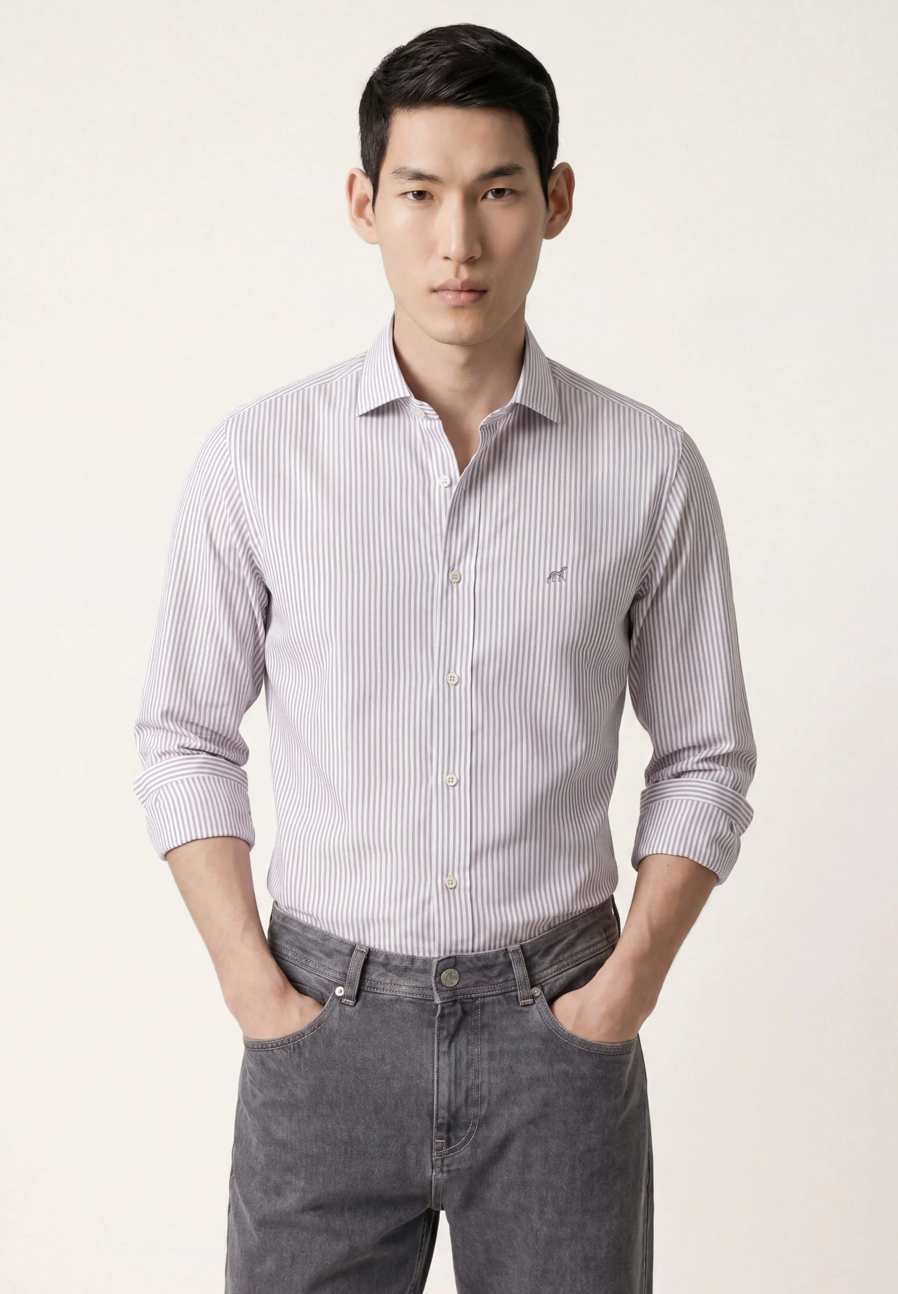 Camisa Oxford às riscas com colarinho aberto, slim fit - Image 11