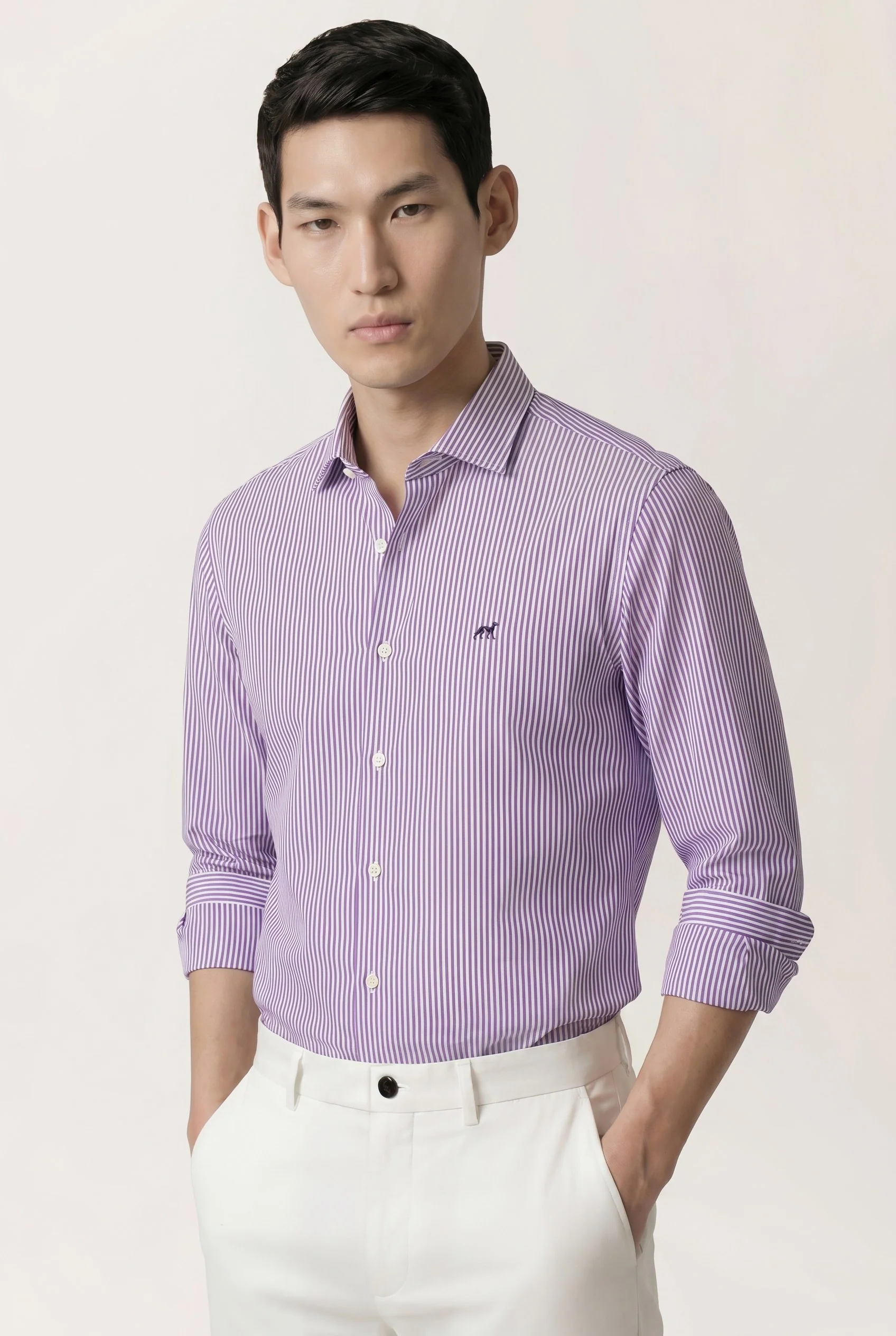 Camisa Oxford às riscas com colarinho aberto, slim fit - Image 14