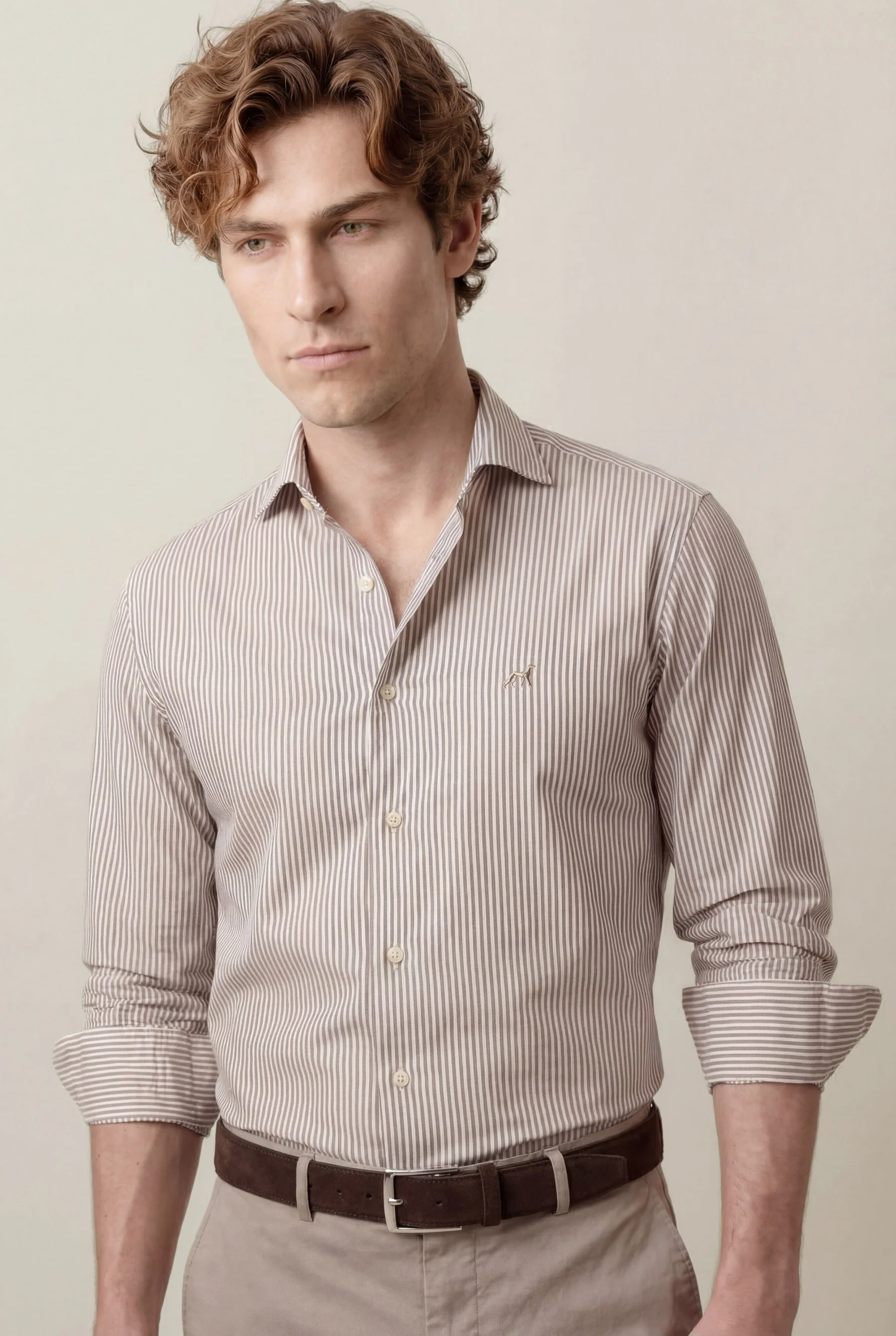 Camisa Oxford às riscas com colarinho aberto, slim fit - Image 5