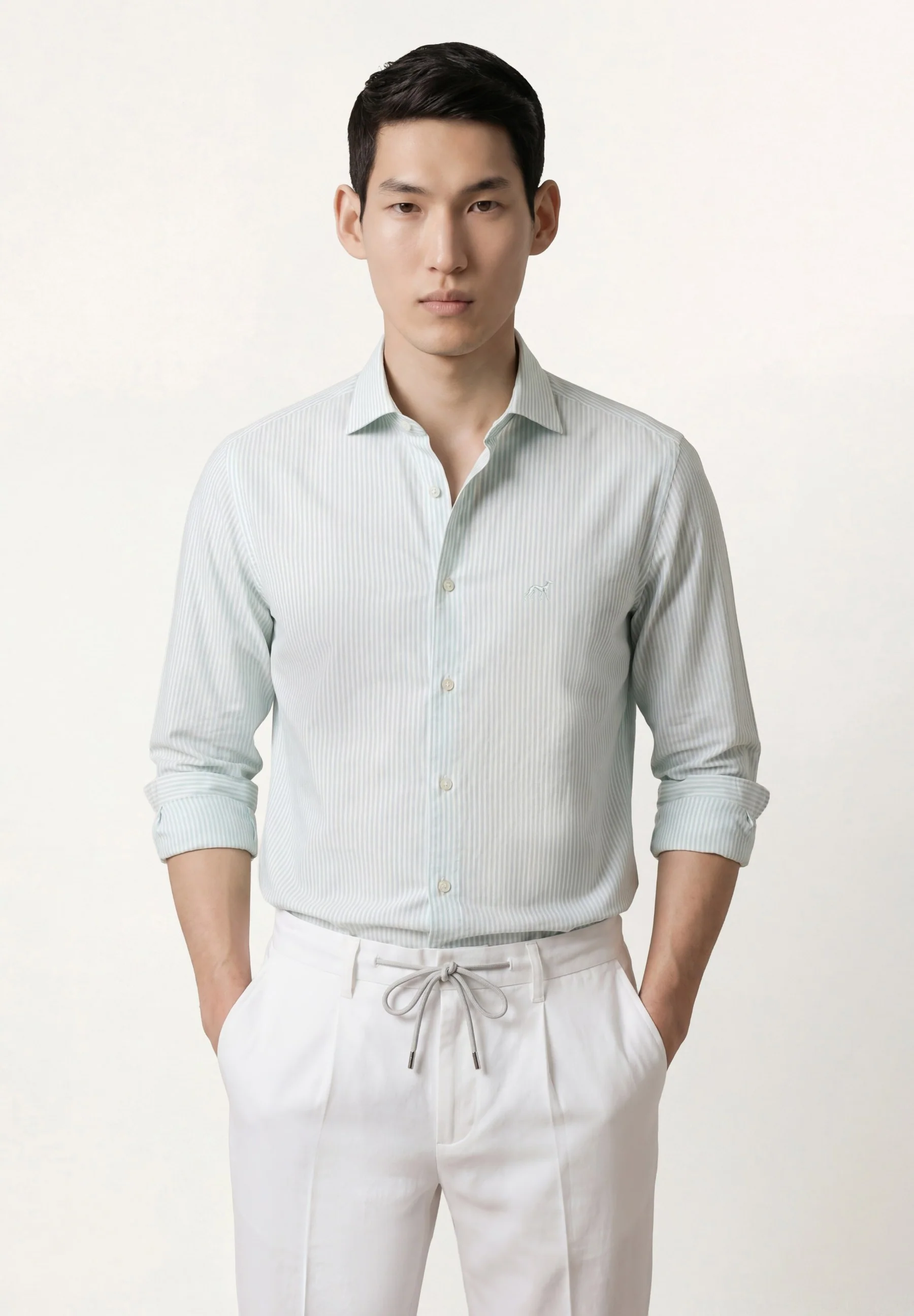 Camisa Oxford às riscas com colarinho aberto, slim fit - Image 8