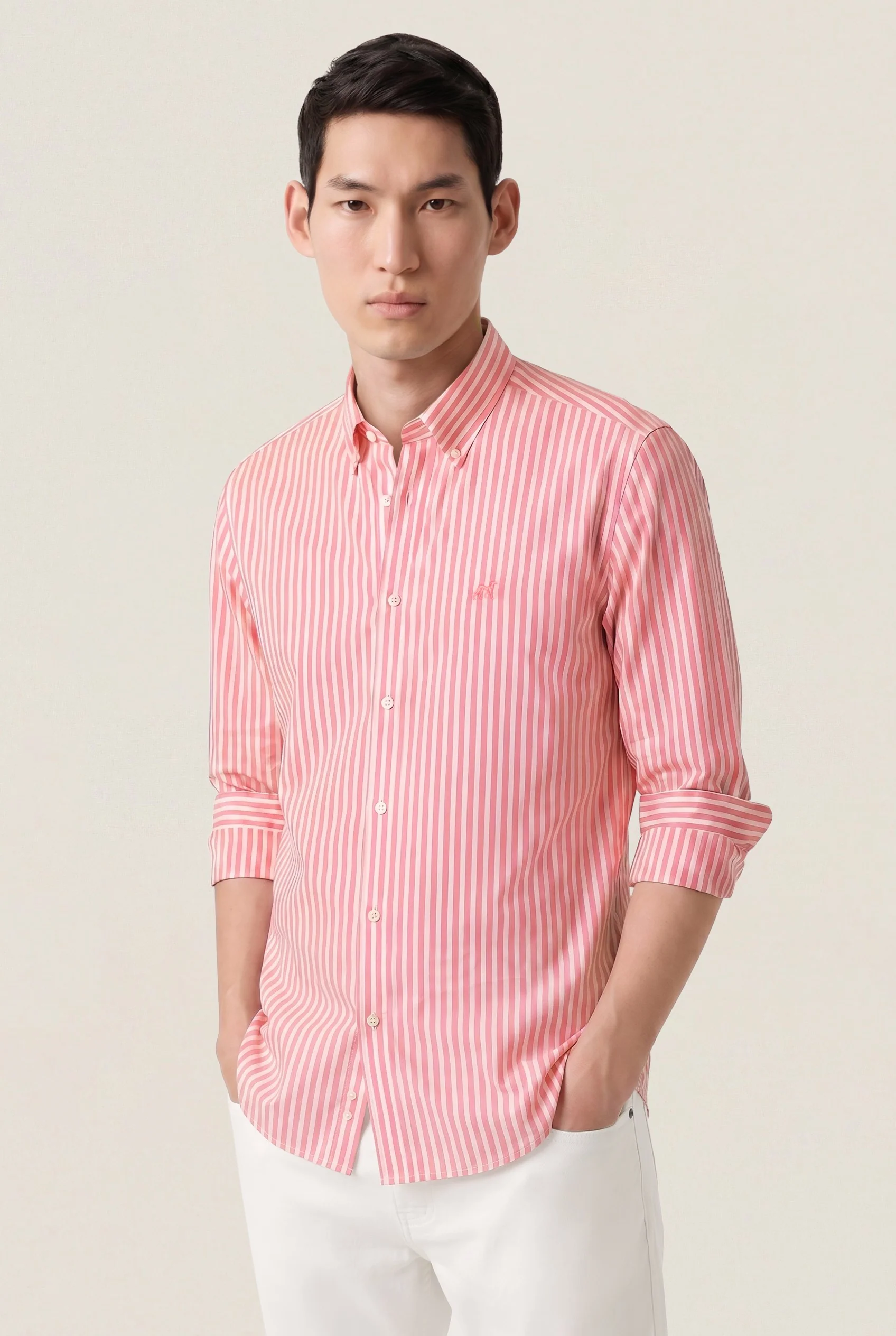 Camisa popleline às riscas com colarinho abotoado, slim fit - Image 14