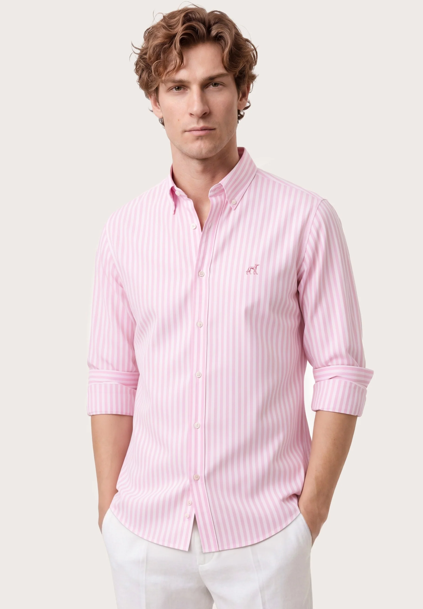 Camisa popleline às riscas com colarinho abotoado, slim fit - Image 9