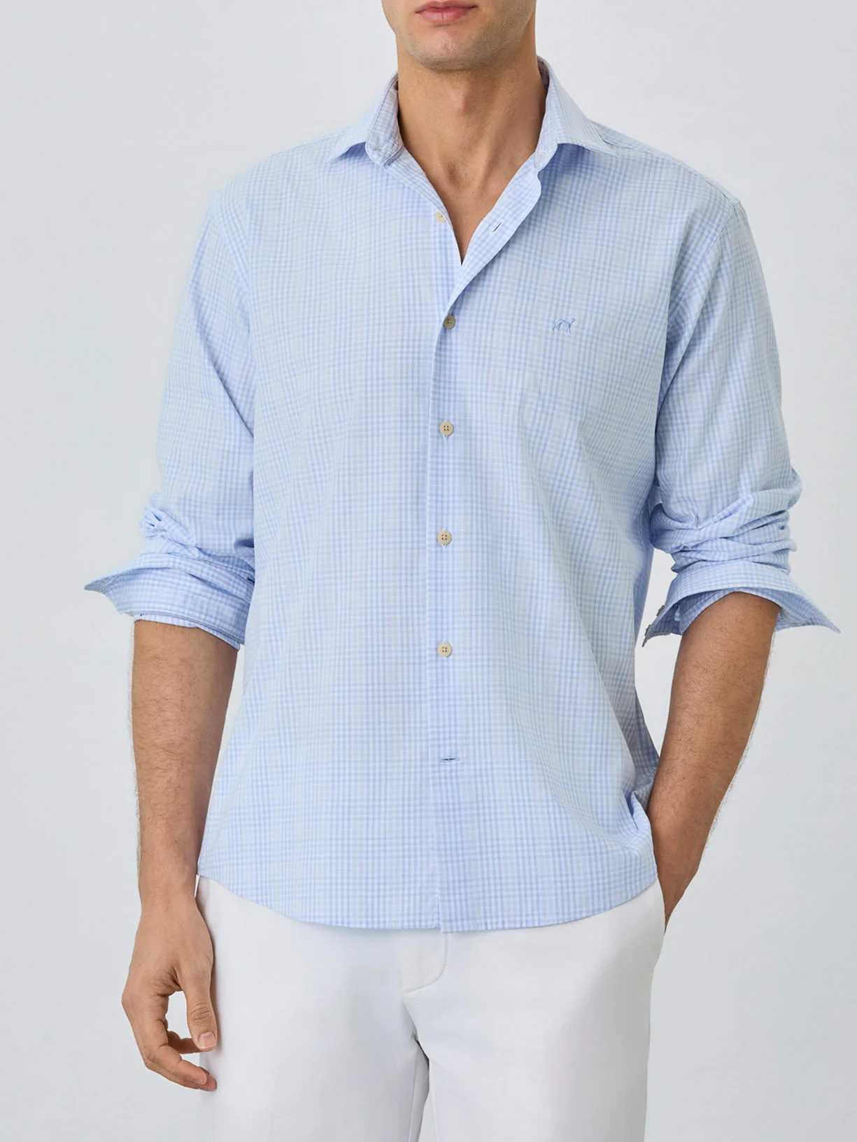 Camisa Regular Fit Com Colarinho Aberto Em Algodão BCI Em Xadrez