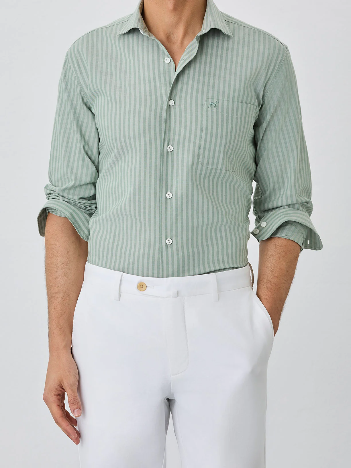 Camisa Slim Fit Com Bolso No Peito Em Algodão BCI Com Riscas