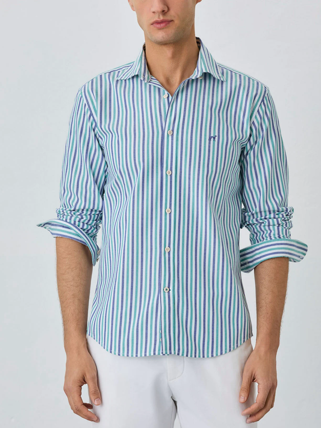 Camisa Slim Fit Com Colarinho Aberto Em Algodão BCI Com Riscas - Image 2