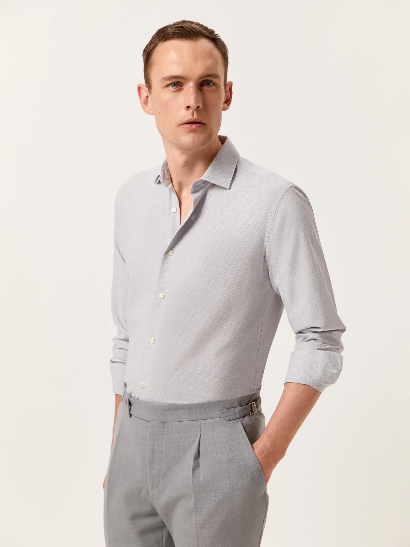 Camisa slim fit de algodão linho Houndstooth com colarinho aberto