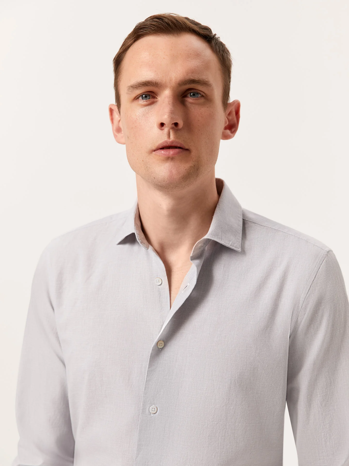 Camisa slim fit de algodão linho Houndstooth com colarinho aberto - Image 2