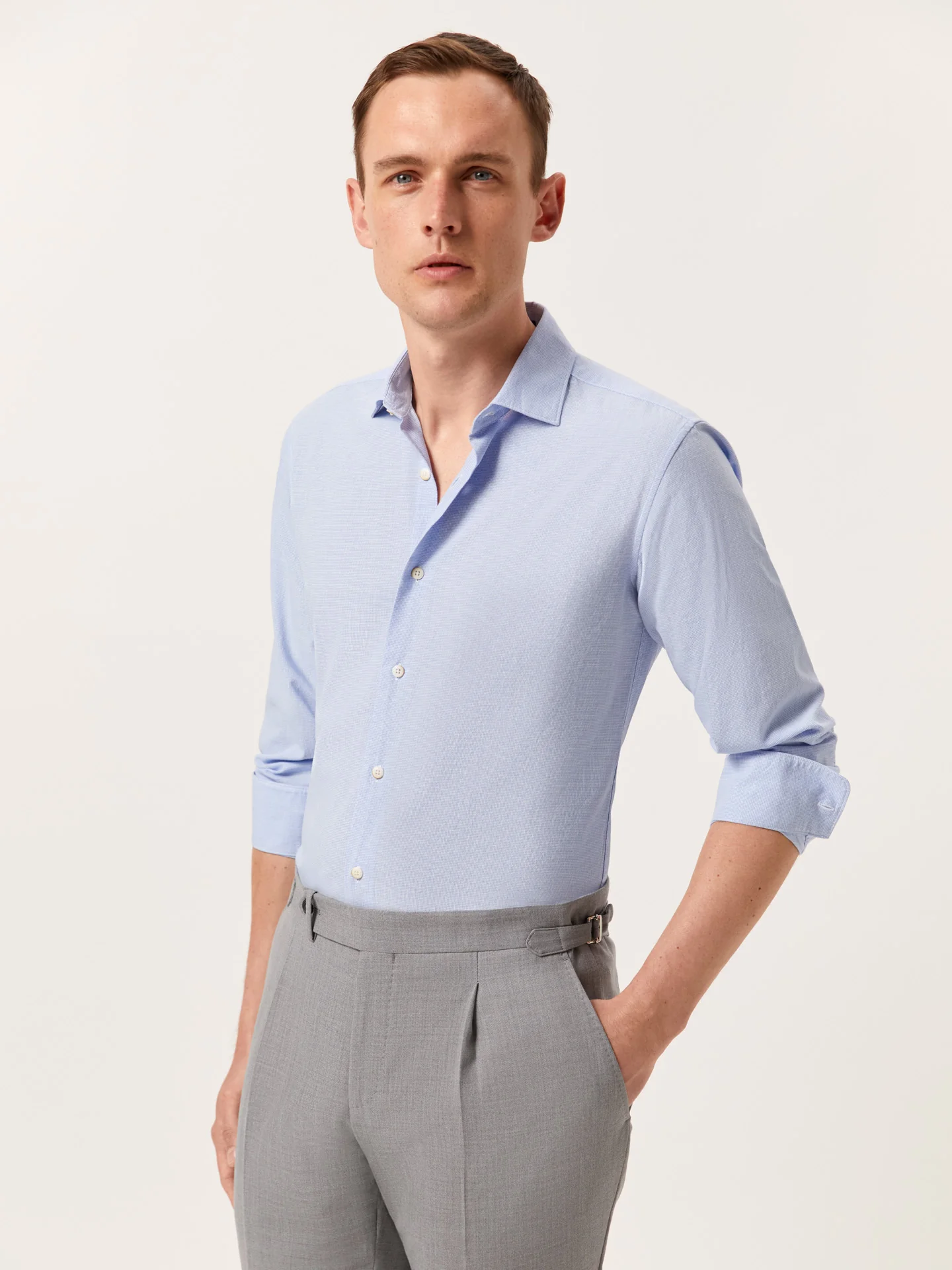 Camisa slim fit de algodão linho Houndstooth com colarinho aberto - Image 2