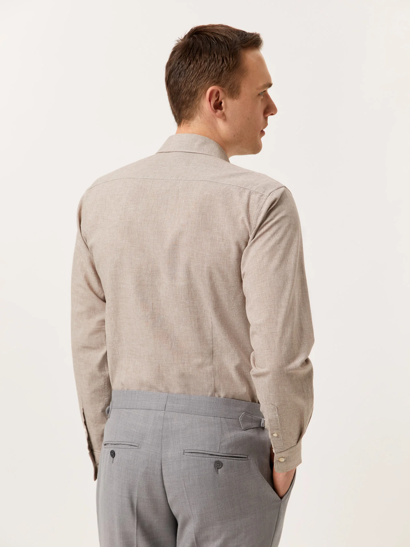 Camisa slim fit de algodão linho Houndstooth com colarinho aberto - Image 5