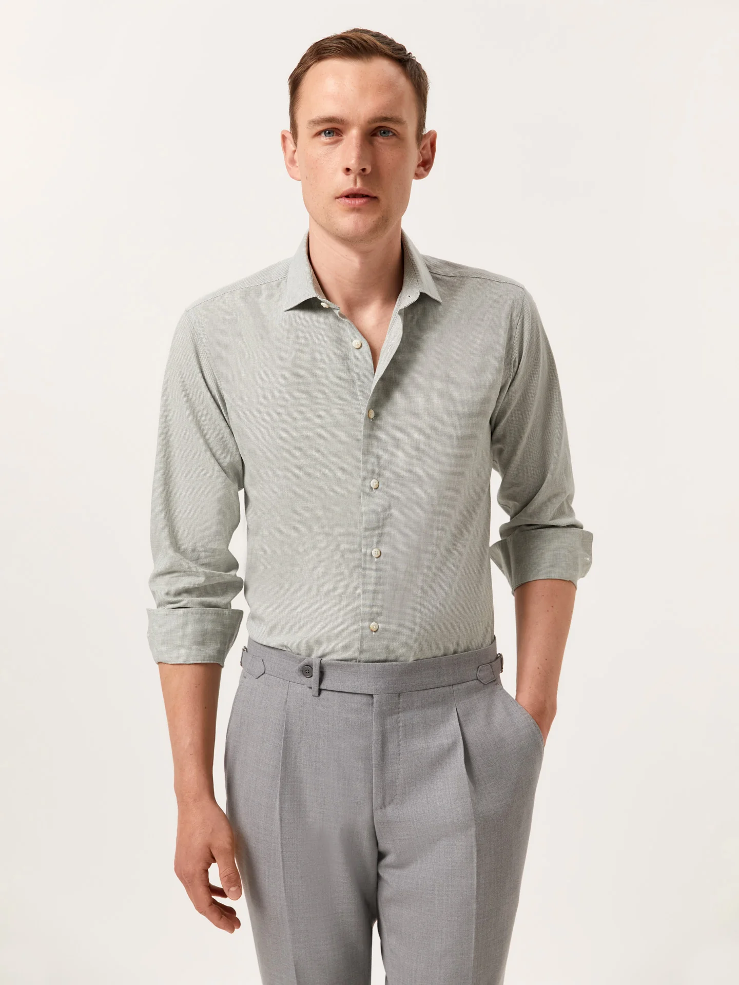 Camisa slim fit em algodão linho Houndstooth com colarinho aberto - Image 2