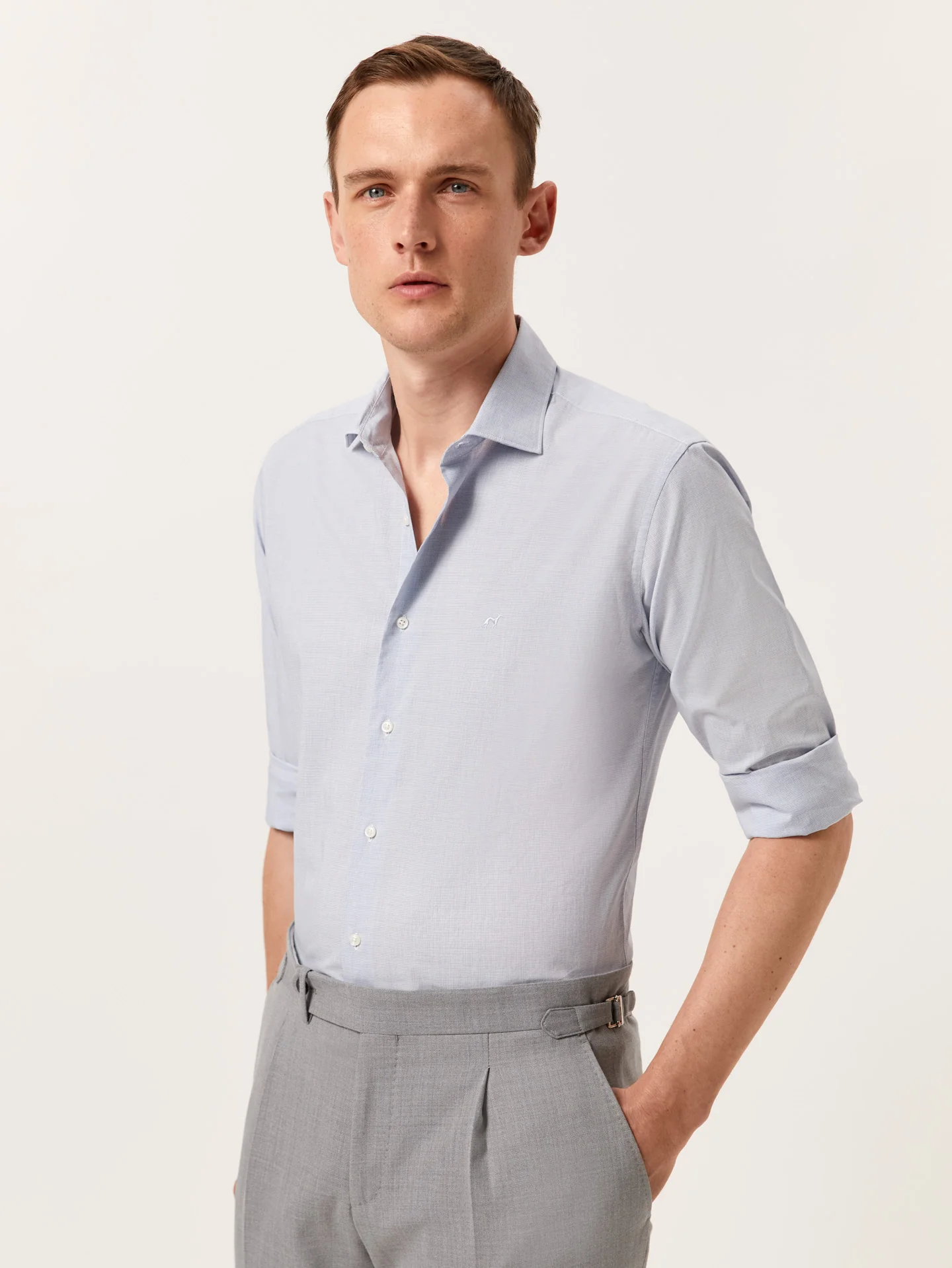 Camisa slim fit em popeline de algodão Houndstooth com colarinho aberto