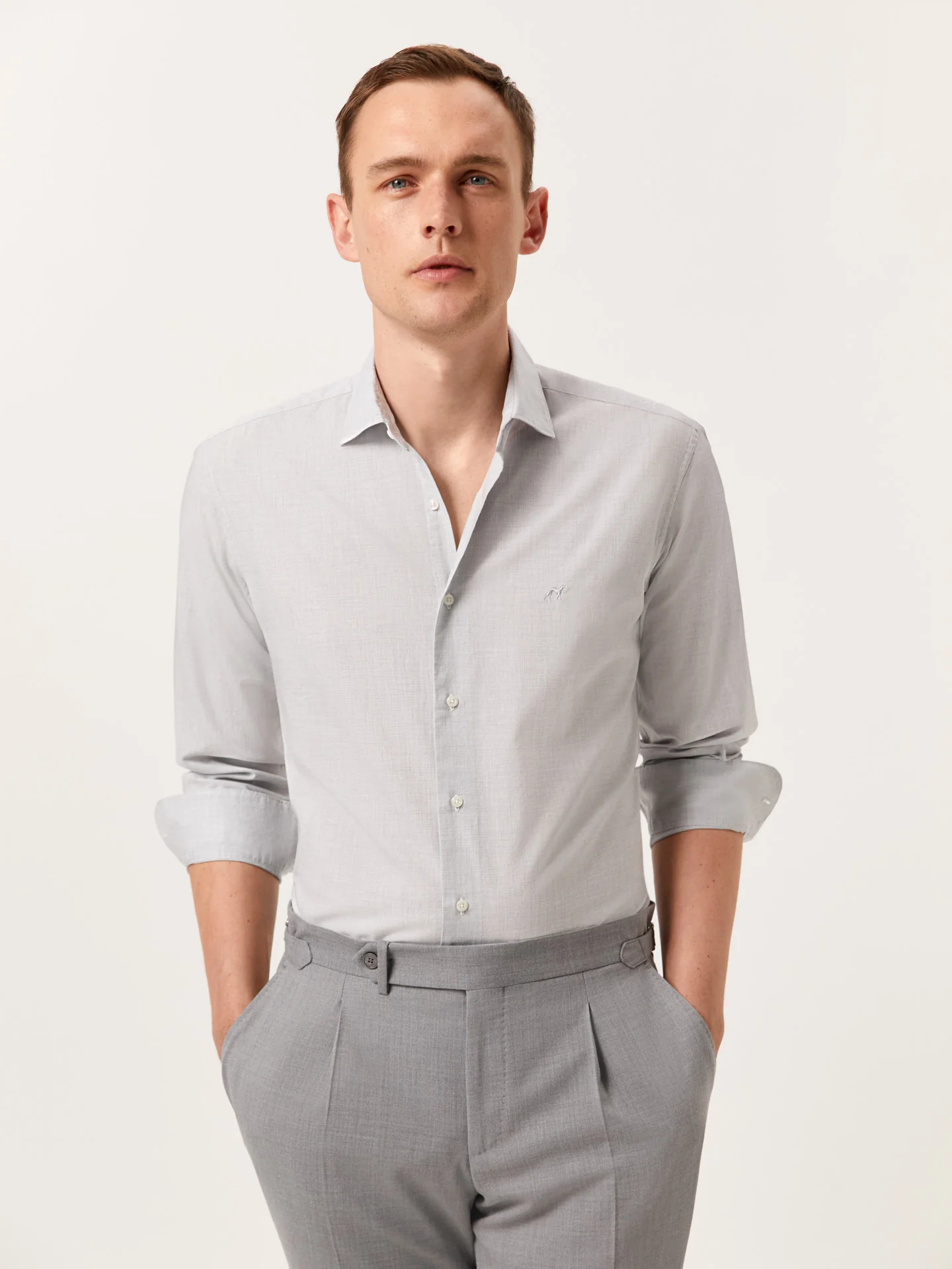 Camisa slim fit em popeline de algodão Houndstooth com colarinho aberto