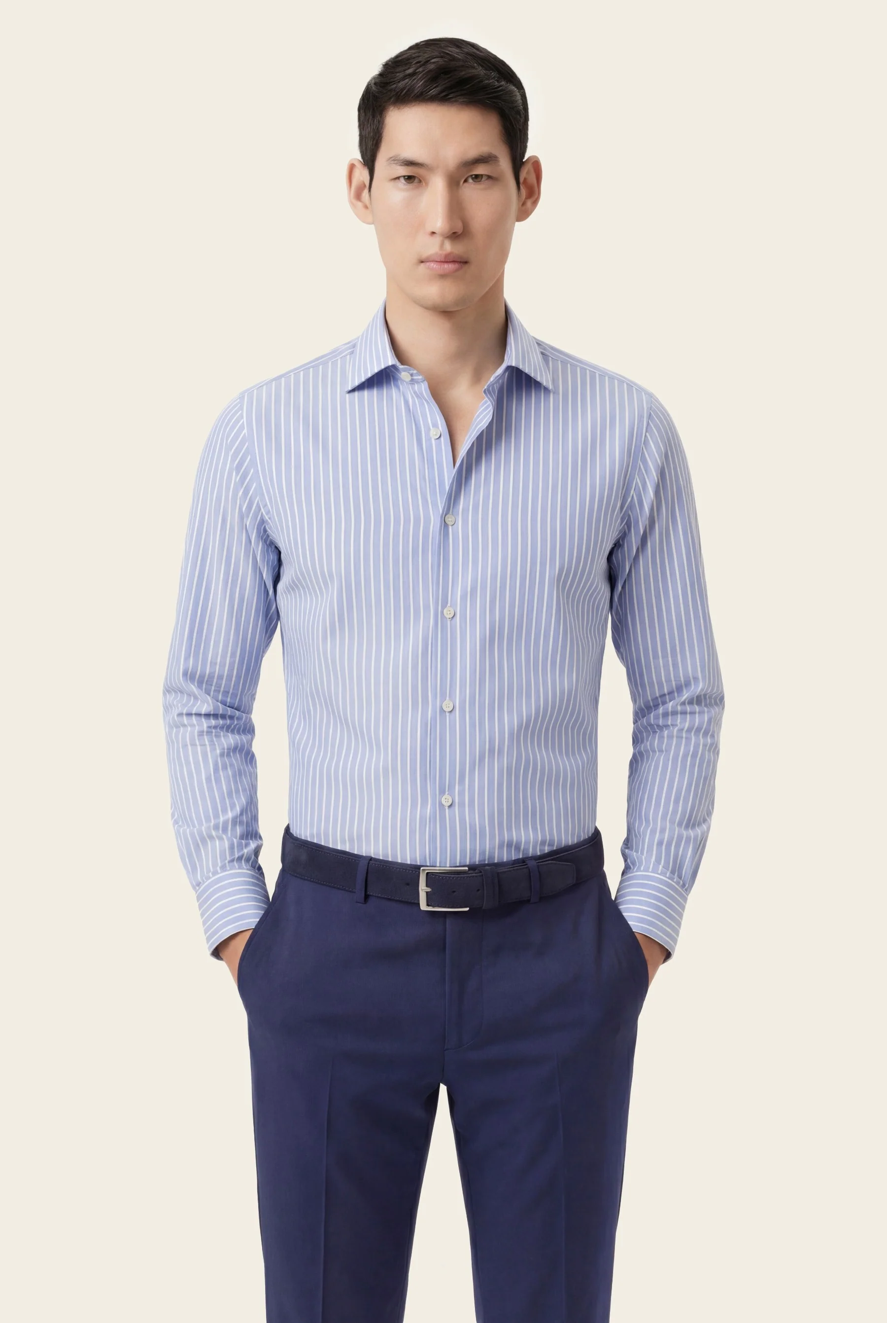 Camisa Travel Popline às riscas em Algodão Luxury Stretch com colarinho Oxford, slim fit