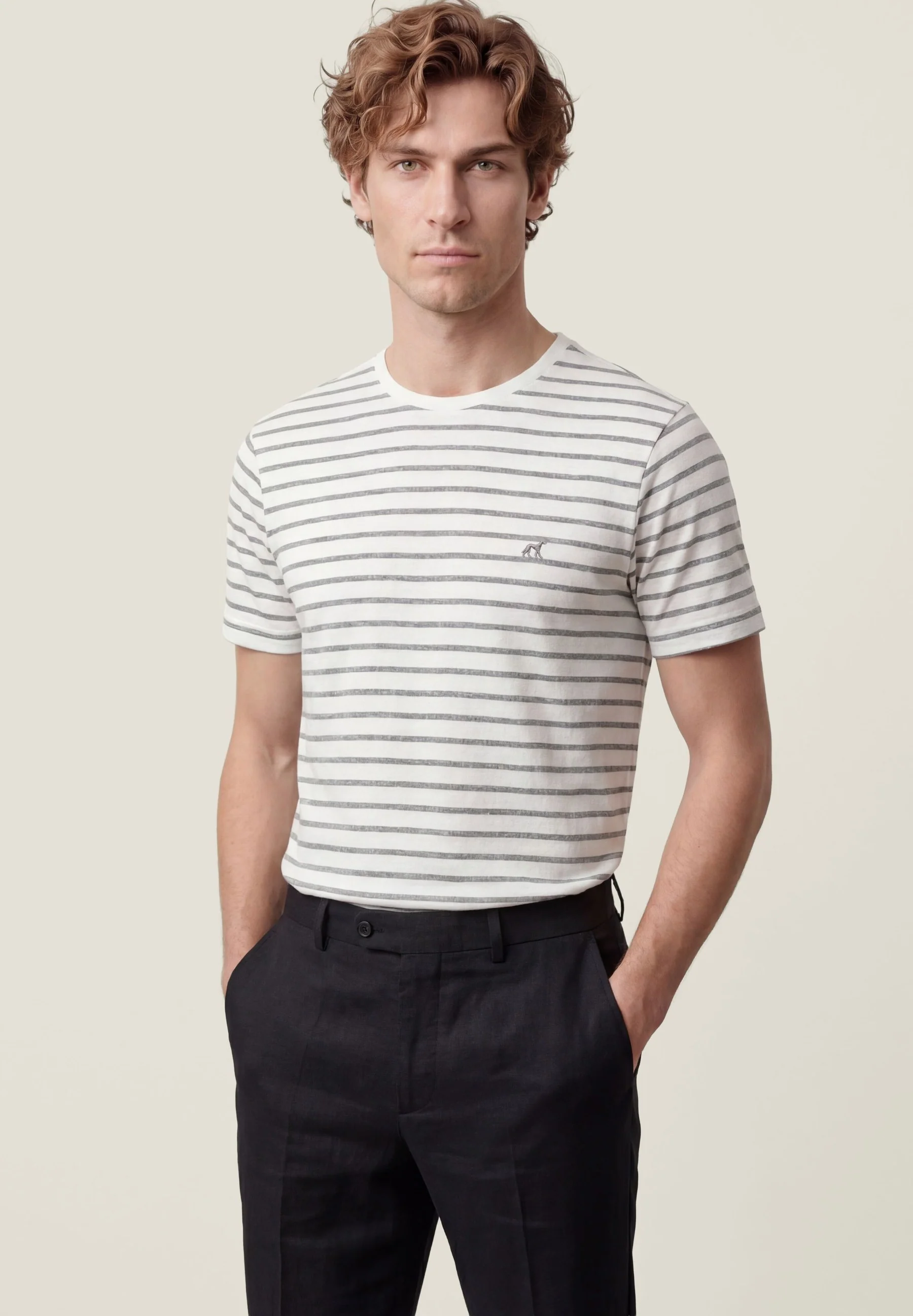 T-Shirt Às Riscas Tingidas Em Fio Em Algodão Orgânico Com Gola Em Canelado - Image 15