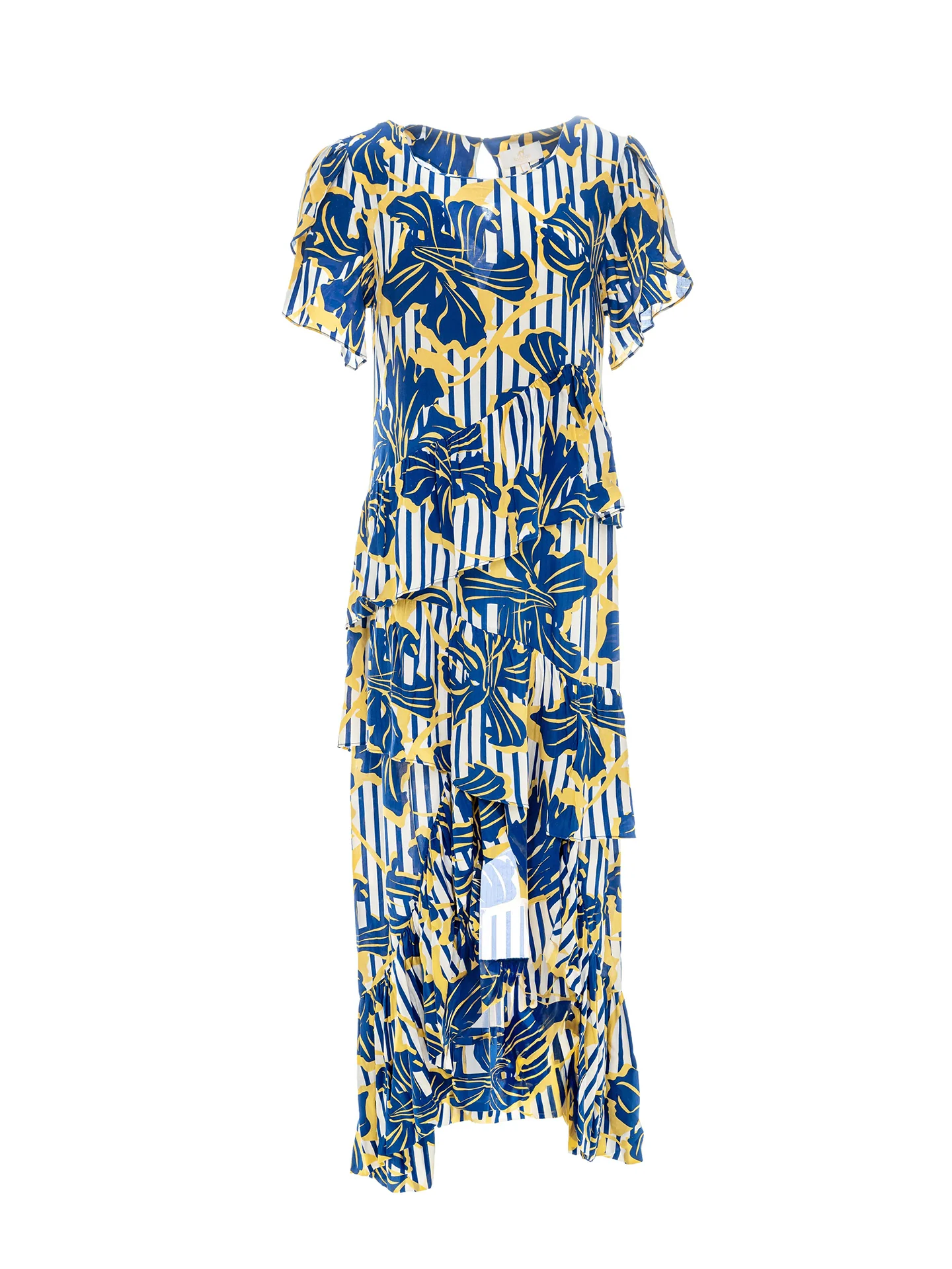 Vestido Estampado Floral Em Viscose Com Mistura Lenzing Com Folhos